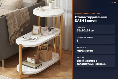 Журнальный столик DASH 3 яруса белый мрамор 65х30х62 см кофейный прикроватный