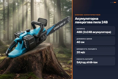 Аккумуляторная пила цепная MLD 24В шина 40см 2 батареи 5А/ч бесщеточный двигатель AT-CS1604