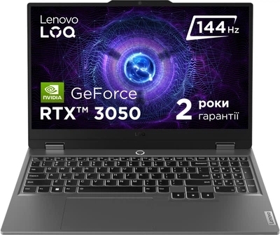 Ноутбук Lenovo LOQ 15IRX9 (83DV01EWRA) Luna Grey / 15.6" IPS Full HD 144 Гц / Intel Core i5-13450HX / RAM 16 ГБ / SSD 1 ТБ / GeForce RTX 3050, 6 ГБ (TDP 95 Вт)