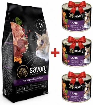 Сухий і вологий корм Savory Сейворі для стерилізованих котів 2 кг + 3 консерви в подарунок (4820232630112)