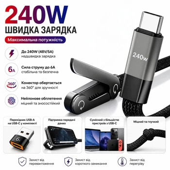 Быстрая зарядка для смартфона 2в1 Универсальный кабель с подставкой 240 Вт 1.5м USB-C на USB-C и USB-A на USB-C Черный