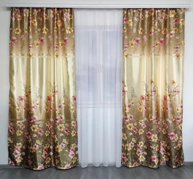 Шторы оливковые атласные ALBO с лилиями 150×270 см, комплект 2 шт. (SH-M650-1)