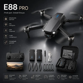 Квадрокоптер E88 PRO дрон для дітей з камерою, Радіокеровані іграшки міні квадрокоптери дрони + подарунок акумулятор/кейс/батарейки