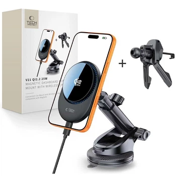 Автодержатель Tech-Protect V21 Magnetic с беспроводной зарядкой 25W Qi2.2 Black with MagSafe (5906302392902)