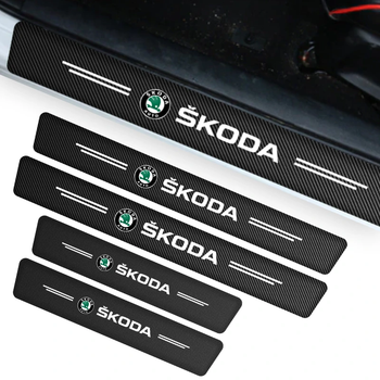 Защитная пленка накладка на пороги для шкода Skoda Черный Карбон ЗЕЛЕНЫЕ наклейки светоотражающие надписи
