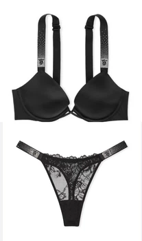Комплект Victoria’s Secret Scattered Shine Strap Lightly Lined Low-Cut Demi Bra+Trong Panty,без push-up,Чорний 75D-XS