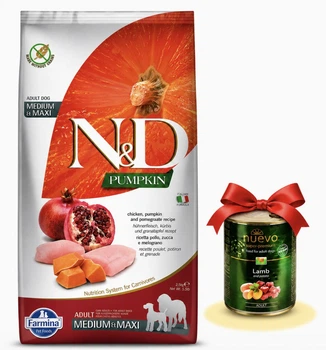 Сухий корм для собак середніх та великих порід Farmina N&D Pumpkin Фарміна з курка гарбуз та гранат 2,5 кг + консерва Nuevo в подарунок 1 шт 400 г (8010276033260)