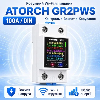 Розумний Wi-Fi автоматичний вимикач ATORCH GR2PWS 100A з мониторингом напруги струму енергоспоживання потужності, реле напруги та струму, таймер, Tuya або SmartLife