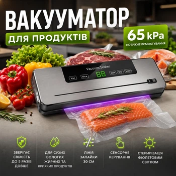 Вакууматор для продуктов 65kPa 120Вт с сенсорным управлением, световой стерилизацией и встроенным ножом, длина запайки 30 см