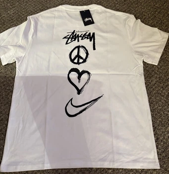 Футболка Stussy x Nike Peace Love Swoosh белая унисекс с логотипом и принтом, 100% хлопок L Біла (2586983458)
