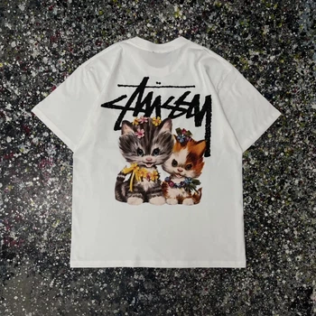 Футболка Stussy унисекс Stussy с котами и логотипом белая хлопковая с принтом котят и цветами L Біла (2586968729)
