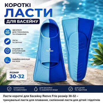 Ласты короткие для бассейна Renvo Frio 30-32 тренировочные ласты для плавания силиконовые короткие ласты для бассейна и моря синие