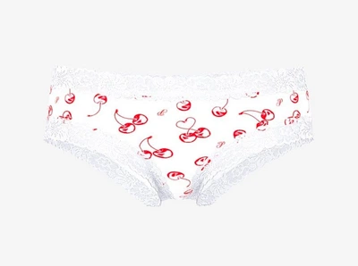 Трусики чики ребристі, білі з вишнями та мереживом по краях (S) Pink Victoria's Secret