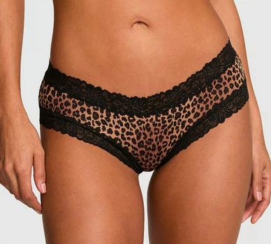 Трусики чики ребристі, леопардові з мереживом по краях (S) Pink Victoria's Secret