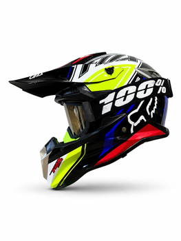 Шолом ендуро FOX Racing розмір S з окулярами 100%, мотокросовий захисний шолом для ендуро, ATV, квадроцикла, пітбайка та бездоріжжя, чорно-біло-жовто-червоний спортивний дизайн з козирком і вентиляцією