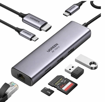 USB-хаб UGREEN CM512 7-в-1 USB-C HDMI 4K30Hz, LAN RJ-45, SD/TF, 2×USB 3.2, PD 100W для ноутбуков и MacBook (серый)