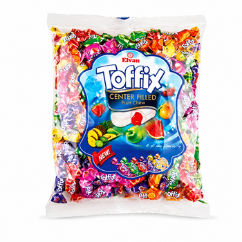 Жувальні цукерки Toffix Mix 1 кг - фруктове асорті з начинкою у пакеті