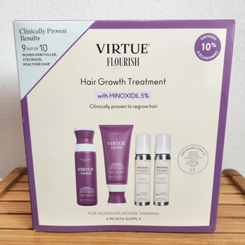Набор для стимуляции роста волос Virtue Labs Flourish курс на 3 месяца (шампунь 240 мл кондиционер 200 мл пена с миноксидилом 5% 2 шт и щетка