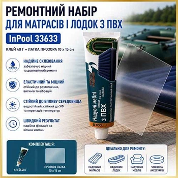 Ремкомплект для човнів і надувних матраців InPool 33633 клей і прозора лататка
