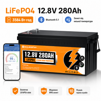 Аккумулятор ECO-WORTHY LiFePO4 12.8V 280Ah 3584Wh с Bluetooth, BMS 200A и защитой от холода