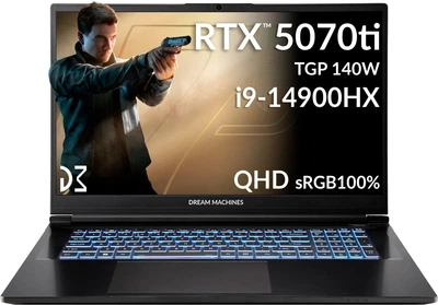Ноутбук Dream Machines RX5070Ti-17 (RX5070Ti-17UA21) Black / 17.3" WVA WQXGA 240 Гц / Intel Core i9-14900HX / RAM 32 ГБ / SSD 1 ТБ / RTX 5070 Ti, 12 ГБ / LAN