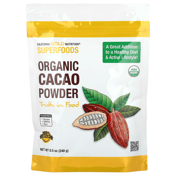 Органический какао-порошок California GOLD Nutrition, Superfoods "Organic Cacao Powder" порошок какао бобов без добавок (240 г / 8,5 унции)