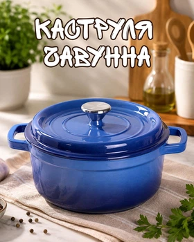 Каструля чавунна 3 л Ø24 см з емальованим покриттям / посуд для тушкування та запікання, синя