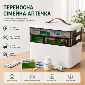Сімейна аптечка-органайзер для ліків, медикаментів та медичних аксесуарів, 3-х рівнева переносна аптечка для дому, подорожі, мед закладів, школи