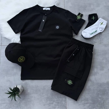 Костюм Stone Island футболка шорти кепка чорні 2 пари носків чорний S