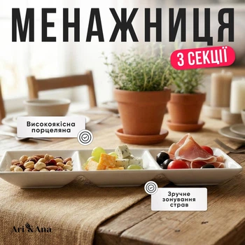 Менажница фарфоровая 19 см на 3 секции прямоугольная тарелка для соусов закусок десертов сервировочная для подачи блюд