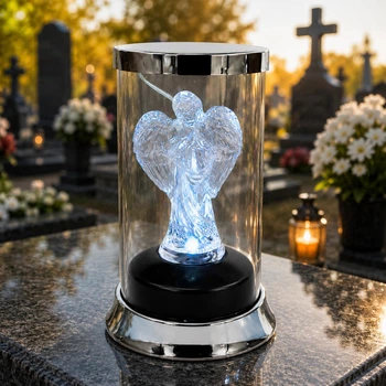Лампадка на солнечной батарее Ангел 17×10 см | белый LED свет | мемориальная серебристая лампадка для кладбища