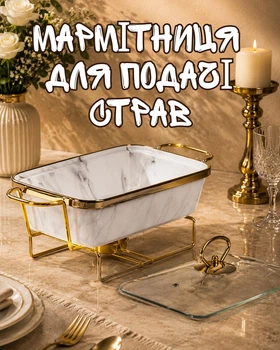 Мармитница фарфоровая 1 л прямоугольная с подогревом на 2 свечи / мармит на подставке 31х16х11 см, белый с золотистым
