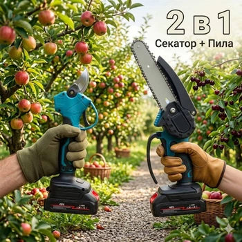 Садовый набор 2 в 1: Аккумуляторная мини-пила и секатор (48V, 2 АКБ) в кейсе