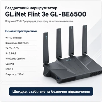 Бездротовий маршрутизатор GL.iNet Flint 3e (GL-BE6500) Wi-Fi 7, 5 x 2.5G Ethernet Port