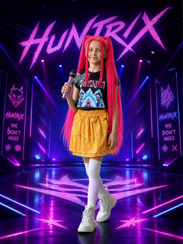 Костюм Миры Хантрикс (Huntrix) к-поп образ с розовым париком Demon Hunters 160 см