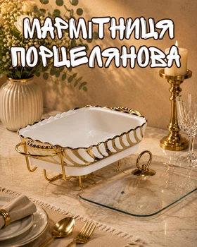Мармитница фарфоровая 1 л с подогревом от свечей 28х23х7 см / мармит на металлической подставке со стеклянной крышкой, белый с золотистым