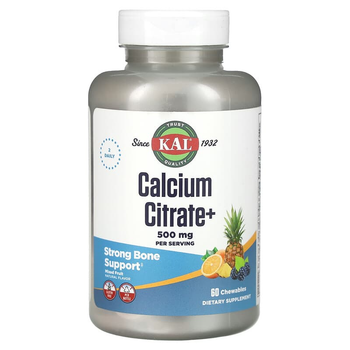 Цитрат кальция KAL "Calcium Citrate+" с магнием и витамином D3, вкус фруктовое ассорти, 500 мг (60 жевательных таблеток)