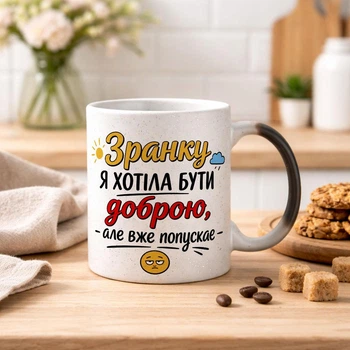 Чашка хамелеон З БЛИСТКАМИ та написом "Зранку хотіла бути доброю, але вже попускає"