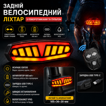 Поворотники на велосипед BL с пультом задний габарит Type-C аккумулятор 900 мА·ч