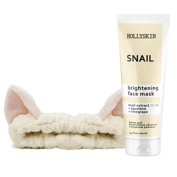 Маска для вирівнювання тону шкіри обличчя Hollyskin Snail Brightening Face Mask 100 мл + М'яка косметична пов’язка