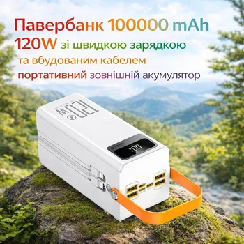 Повербанк 100000 mAh 120W с быстрой зарядкой и встроенным кабелем портативный внешний аккумулятор (белый)