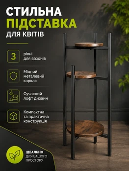 Підставка для квітів 3-х рівнева металева чорна 81х27х27 см для вітальні балкона Ruhhy