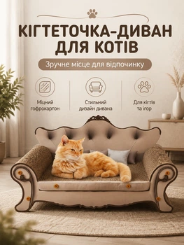 Паперовий картонний диван для кішок Purlov 60 см коричневий з функцією лежанки та монтажними аксесуарами.