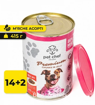 Вологий корм для собак Pet Chef Пет Шеф м'ясний мікс в желе консерва 415 г 14+2 шт в подарунок (4820255193625)