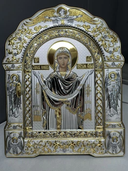 Ікона Покрова Пресвятої Богородиці Срібло 999 проби Позолота 375 проби Арочна