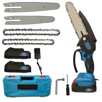 Аккумуляторная цепная пила Chain Saw 48V для сада и столярных работ с двумя шинами 6 и 8 дюймов и двумя аккумуляторами в кейсе автономный инструмент для обрезки веток и распиловки древесины профессиональный инструмент для мастеров и ухода за участком