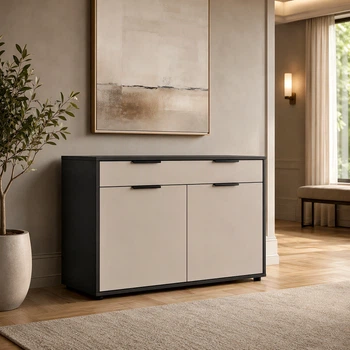 Стильный комод Nola 1200х450х750 с ящиками, дверцами и полками Кашемир/Антрацит