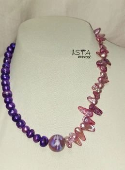 Бусы из речного жемчуга и авторской бусины ISTA Lampwork NN21 розово- фиолетовый 47-43см