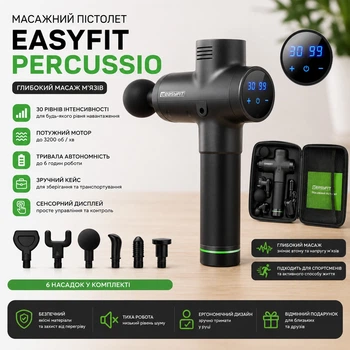 Массажный пистолет EasyFit Percussio 6 насадок перкуссионный вибромассажер для мышц спины, ног и шеи