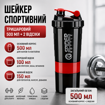 Шейкер спортивний тришаровий 500 мл + 2 додаткові відсіки Чорно-червоний протеїновий шейкер для спортивного харчування